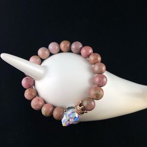 Natural pink rhodonite and skull beaded bracelet